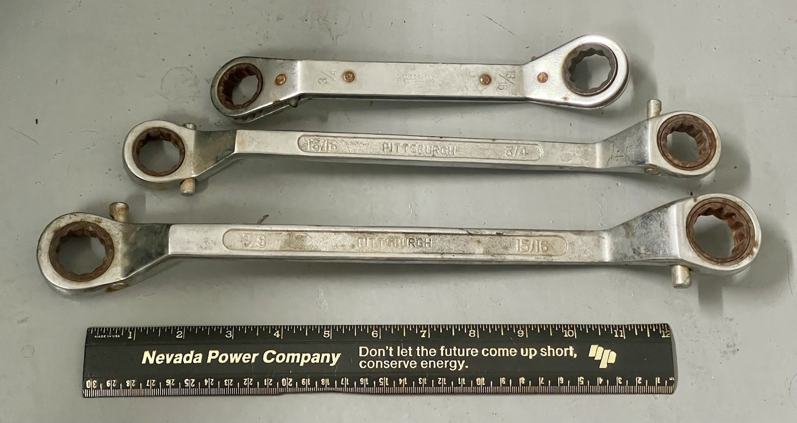 Double Box End Ratcheting Lot Of 3 Pittsburgh Brand – 3/4 – 15/16 – 7/8+ Ratchet