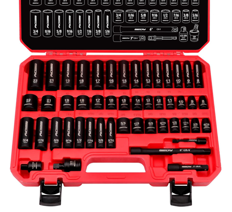 49-Pcs SAE/Metric Impact Socket Set with Extension Bars – for High Impact Wrench