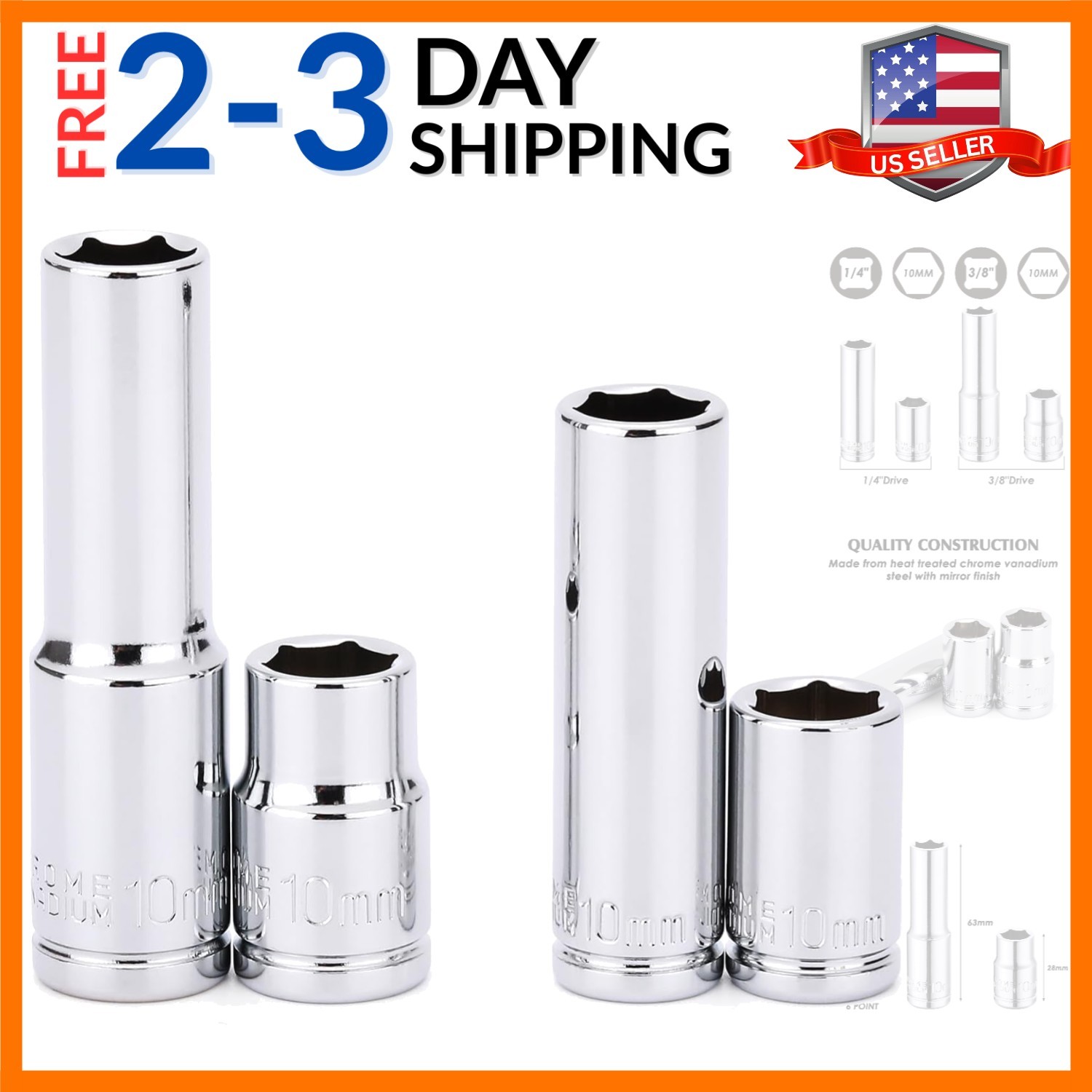 4PCS 1/4″& 3/8″ Drive 10mm Deep&Shallow Socket Set, 6 Point, Cr-V Steel, Mirr…