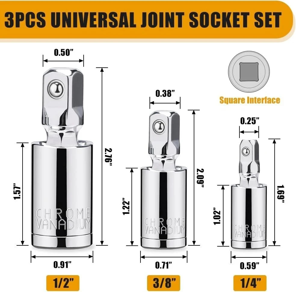 3PCS Impact Universal Joint Swivel Socket Adapter Set 1/4″ 3/8” 1/2″ Drive 360°