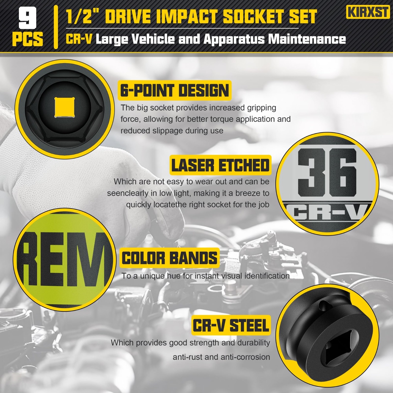 9-Piece 1/2″ Drive Impact Socket Set – Metric Axle Nut & Jumbo Sockets, 6 Point,