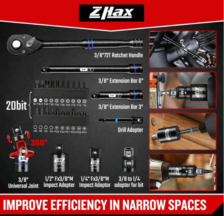 3/8″ Drive 74PCS Impact Socket Set SAE & Metric, Deep/Shallow, 72T Ratchet