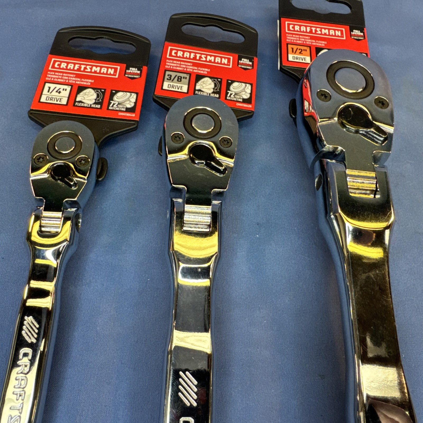 New Craftsman 3 Piece Set 72 Tooth Flex Head Ratchet ~1/2 «~3/8″ ~1/4» Drive