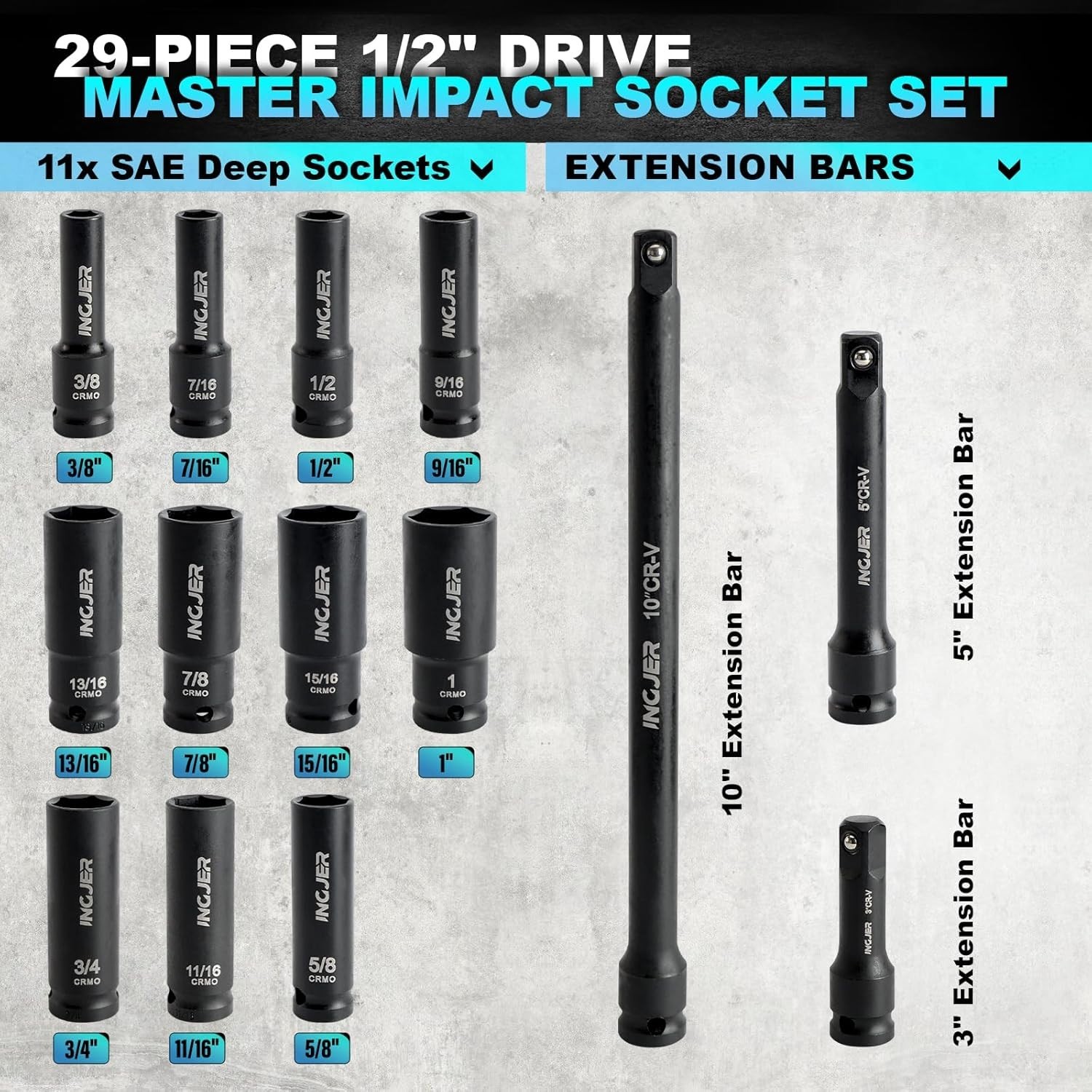 29PC 1/2″ Impact Socket Set – Chrome Molybdenum Steel for Maximum Torque