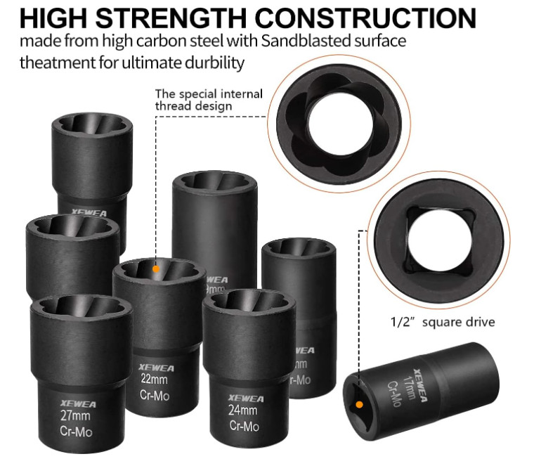 Bolt Nut Extractor Set, 1/2″ Drive Impact Lug Nut Wheel Lock Remover Socket Tool