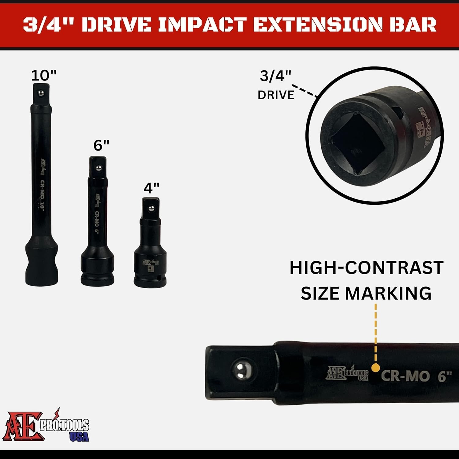 [3pc] 3/4” Drive Impact Extension Bar | 4”, 6”, 10” Cr-V Steel