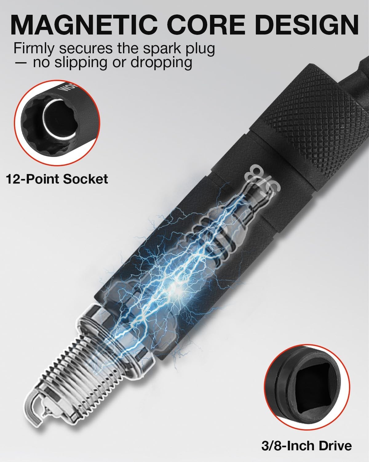 6-Piece Magnetic Spark Plug Socket Set, 3/8″ Drive, 12-Point, 9/16″-14mm, Extens