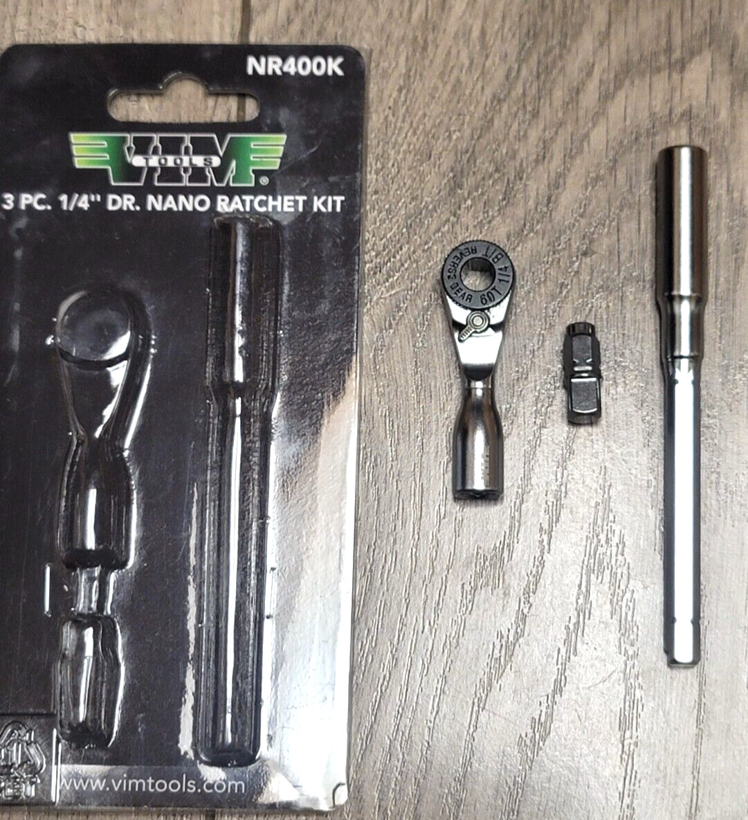 VIM Tools 3pc 1/4″ dr + 1/4″ Hex Stubby Nano Ratchet w/ Extension #NR400K