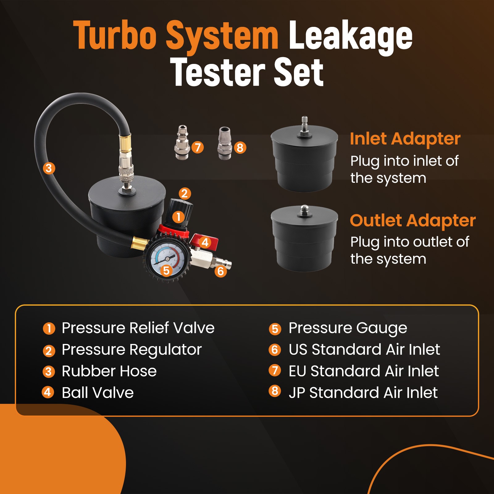 Turbo System Leakage Tester Set 4 pairs of 35 40 45 mm stepped adapters