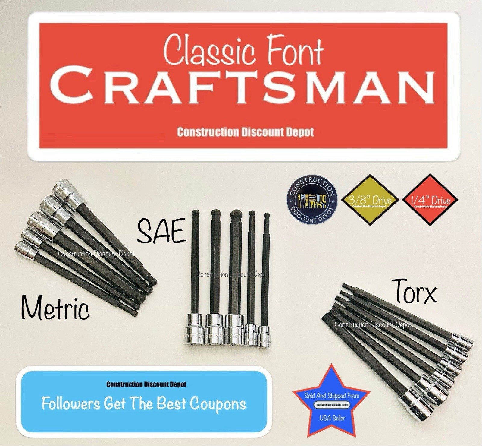 16 Craftsman 1/4″ In & 3/8″ In. Drive Metric SAE Torx Hex Bit LONG Socket Set