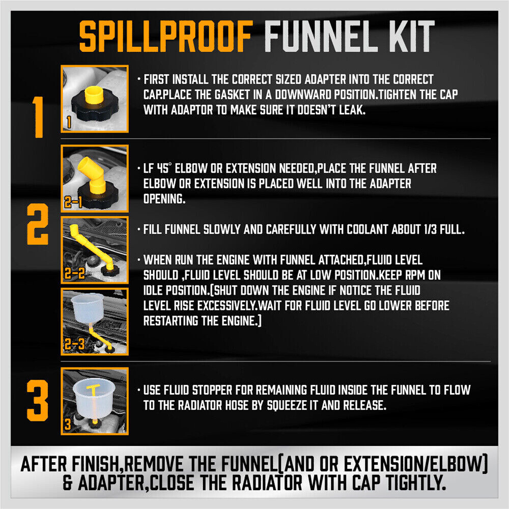 No-Spill Coolant Funnel Kit Spill Proof Funnel Bleeder with Adapters Universal