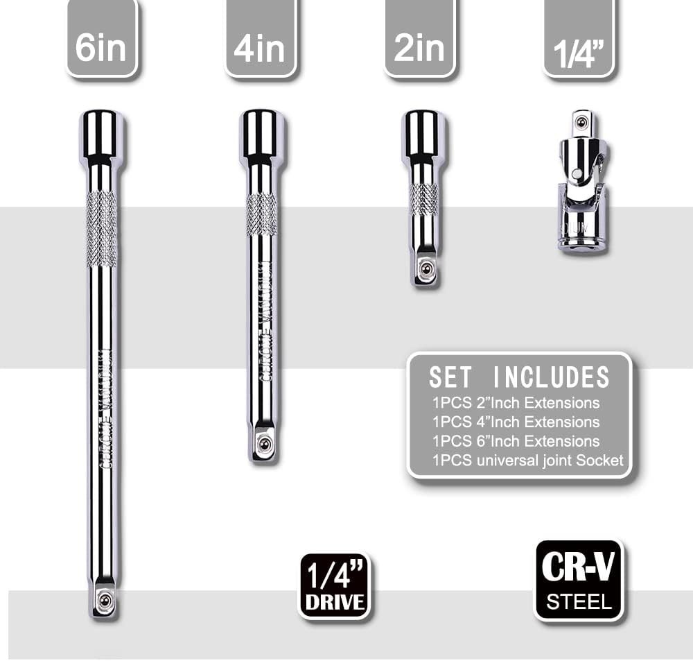 4 Piece 1/4 Inch Drive Extension Bar Set, 1/4 Inch Drive Socket Extension Set In