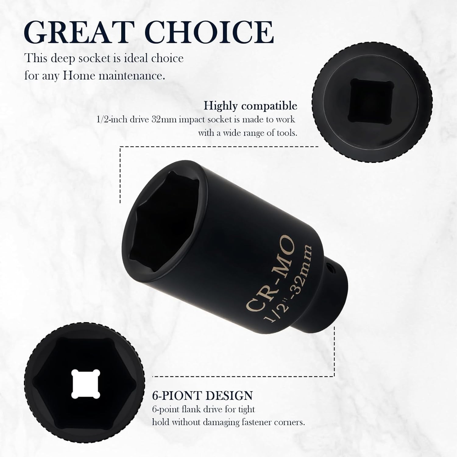 32mm Socket 1/2 Drive with 6 Point Design,Anti-Rust 3.05×1.73×1.73 inch,
