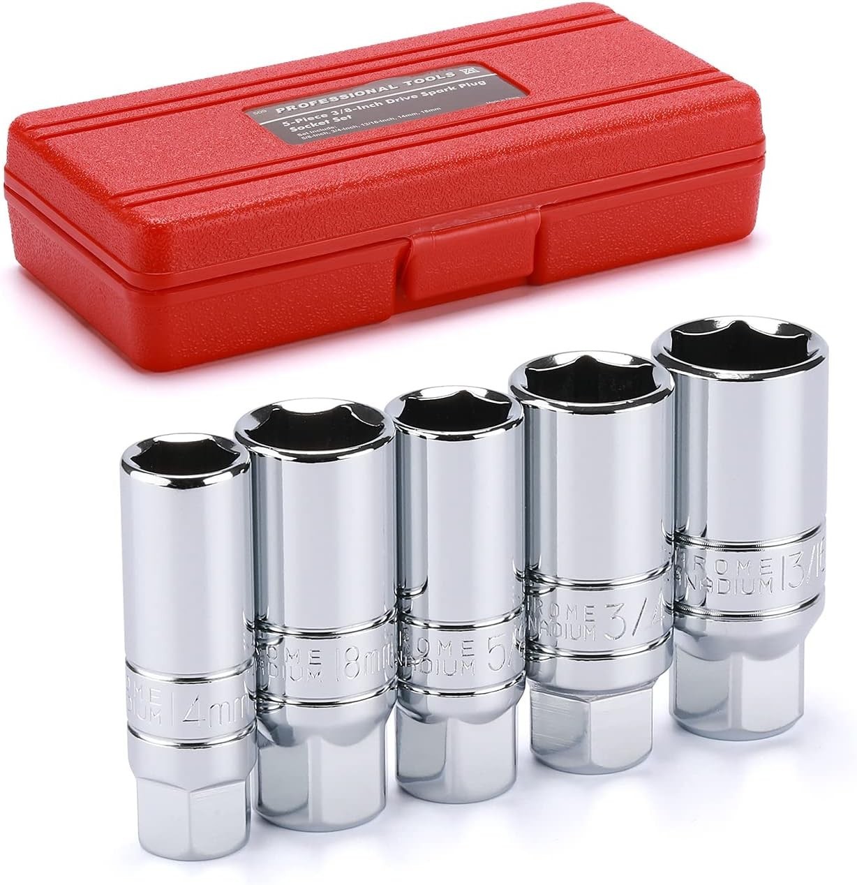 5PCS 3/8″ Drive Spark Plug Socket Set, CR-V, SAE and Metric, 3/8″ Drive 6-Poi…