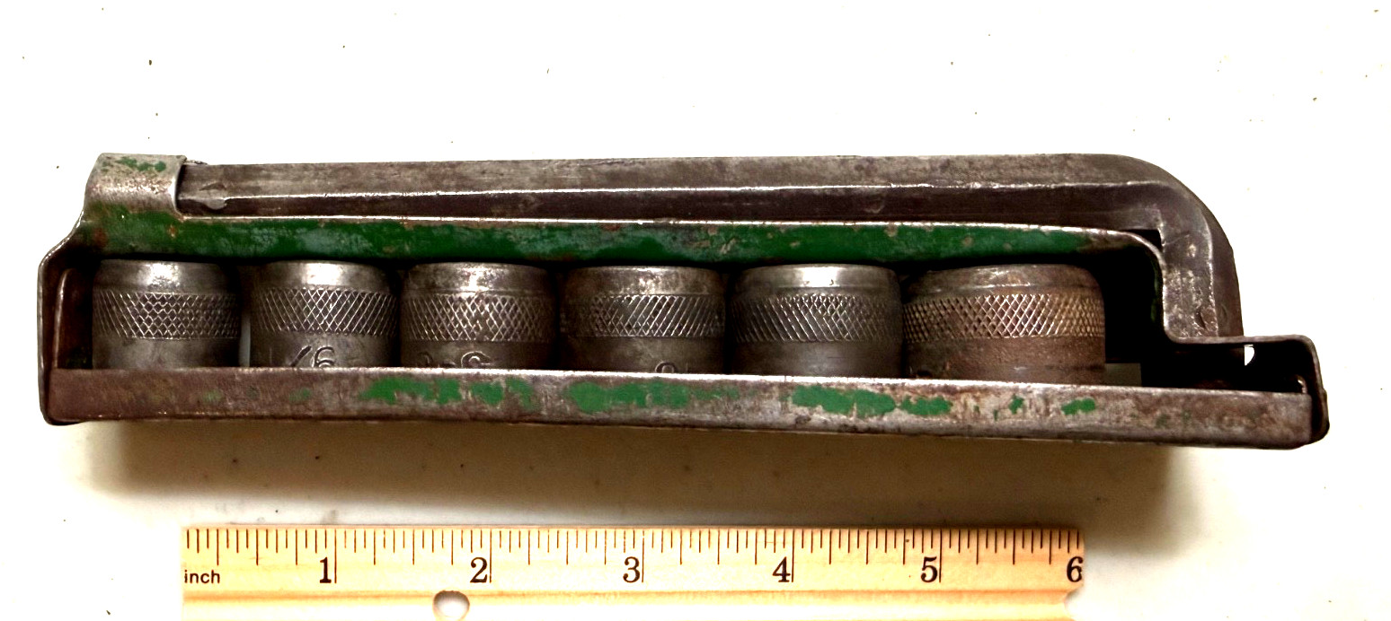 Vintage Indestro 6 Socket Set, w Breaker Bar & Holder, Early 1930″s, Good Cond