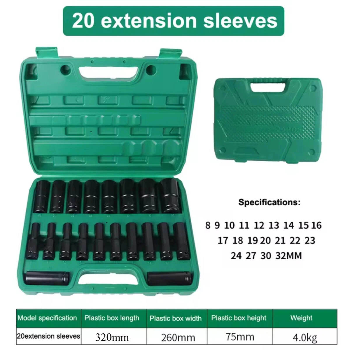20PCS 1/2»Deep Impact Sockets Set Drive Metric 8mm-32mm Deep 6-Point Set w/case