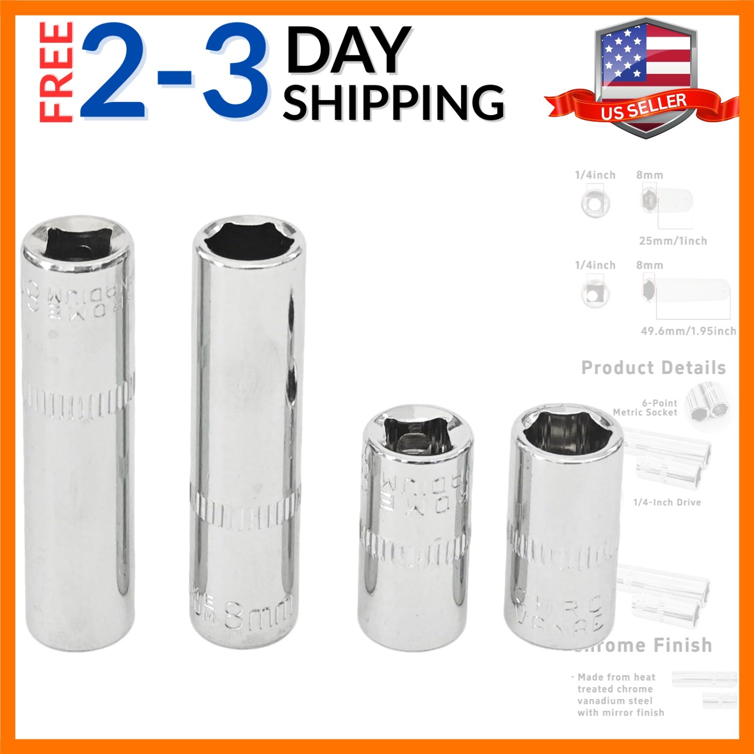 4Pcs 1/4-Inch Drive 8mm Deep and Shallow Socket Set, Cr-V Steel, 6-Point Metr…