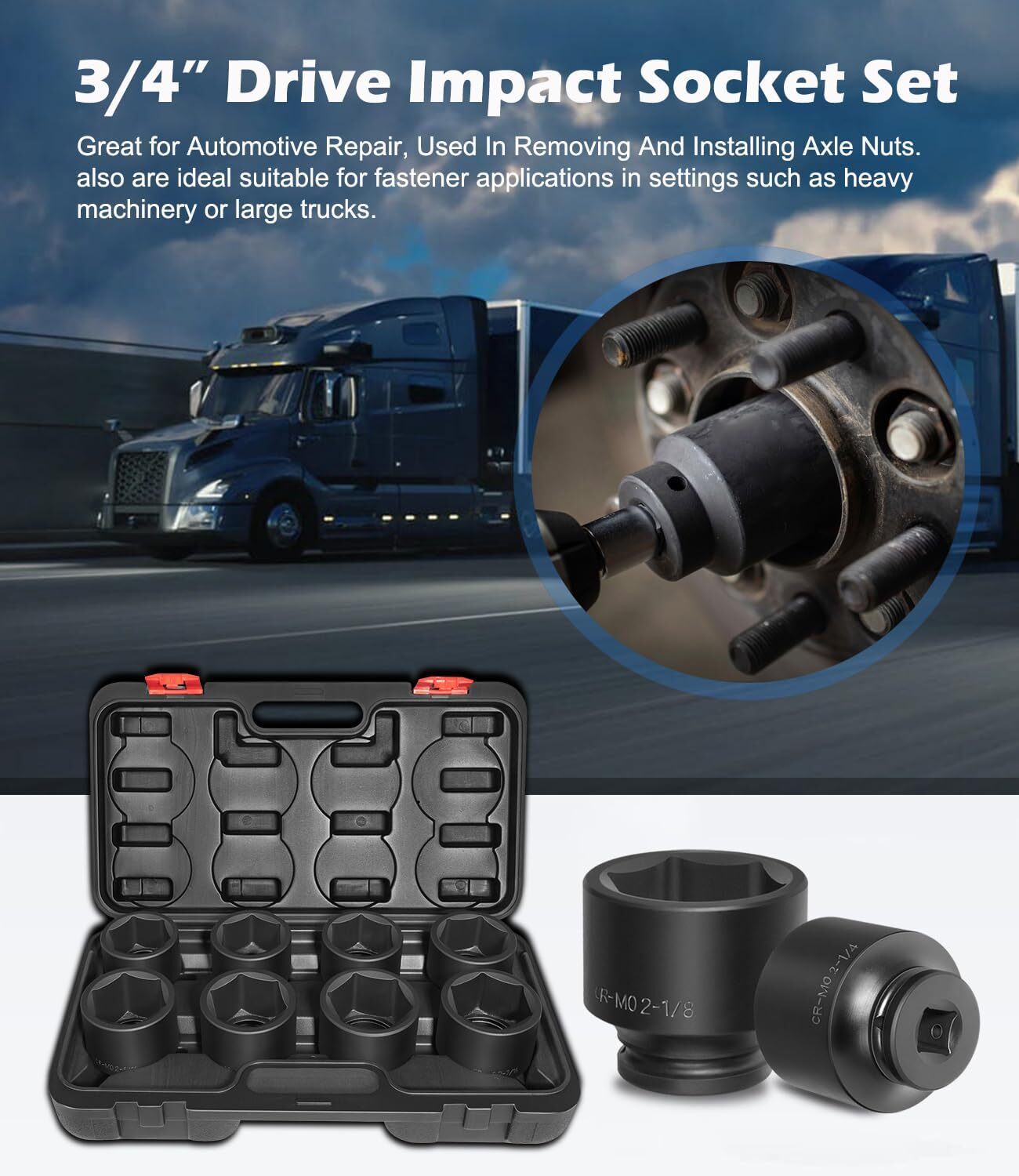8-Piece Jumbo Impact Socket Set CR-MO 3/4″ Drive SAE 2-1/16″ to 2-1/2″ 6 Point