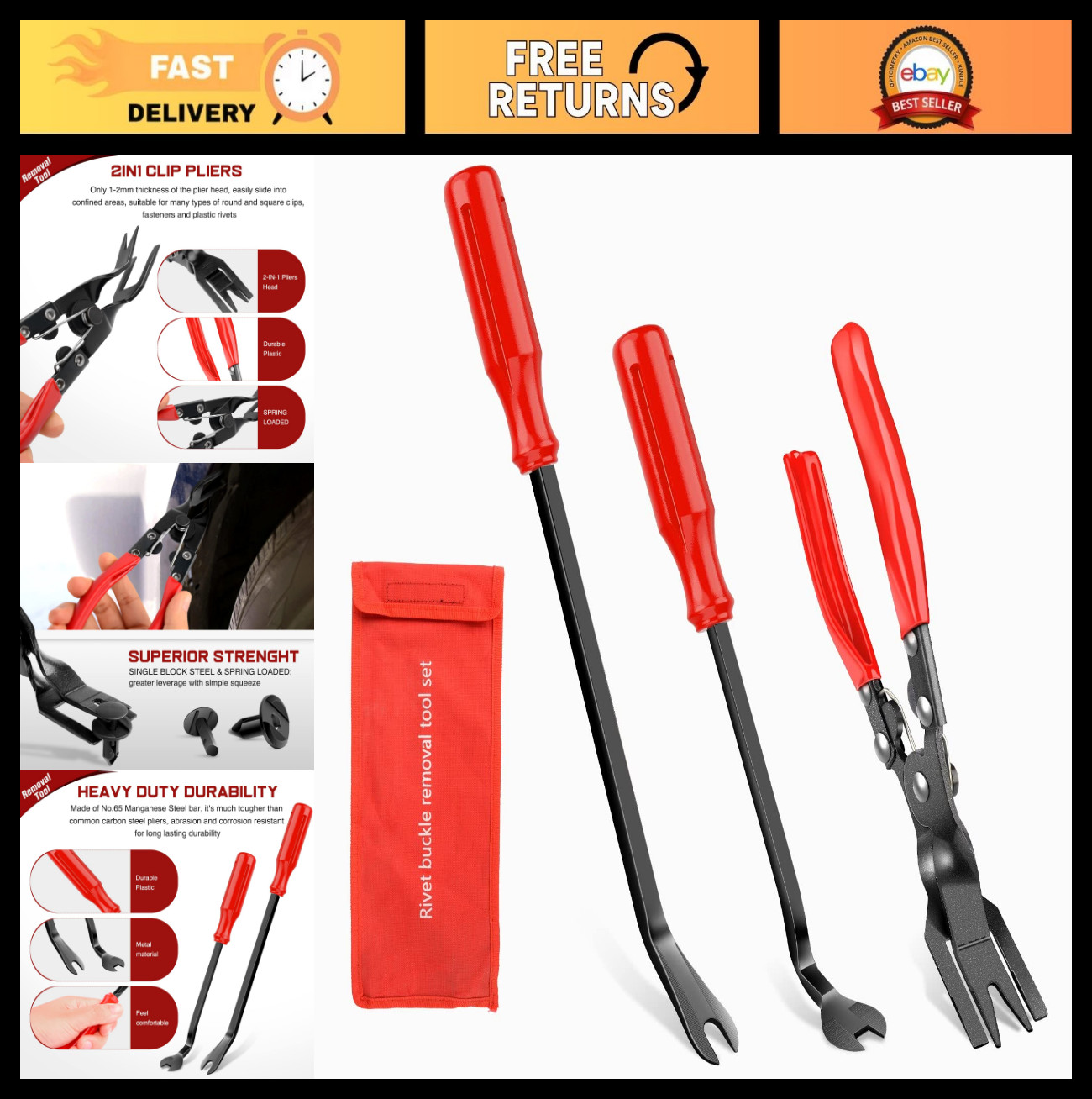 3PCS Auto Trim Removal Tool Kit – Clip Pliers & Fastener Remover Set with Storag