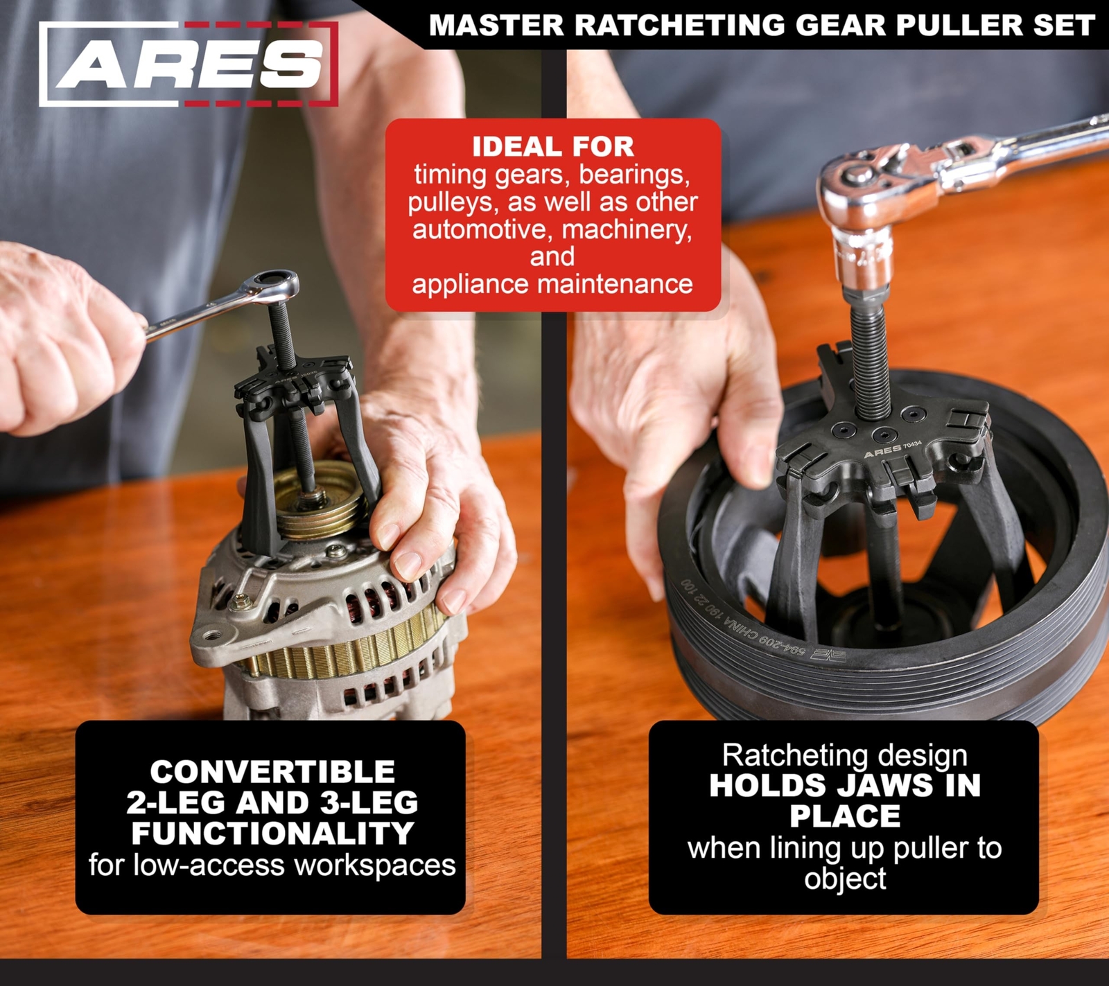 ARES 15095 – Master Ratcheting Gear Puller Set – Premium Chrome Moly