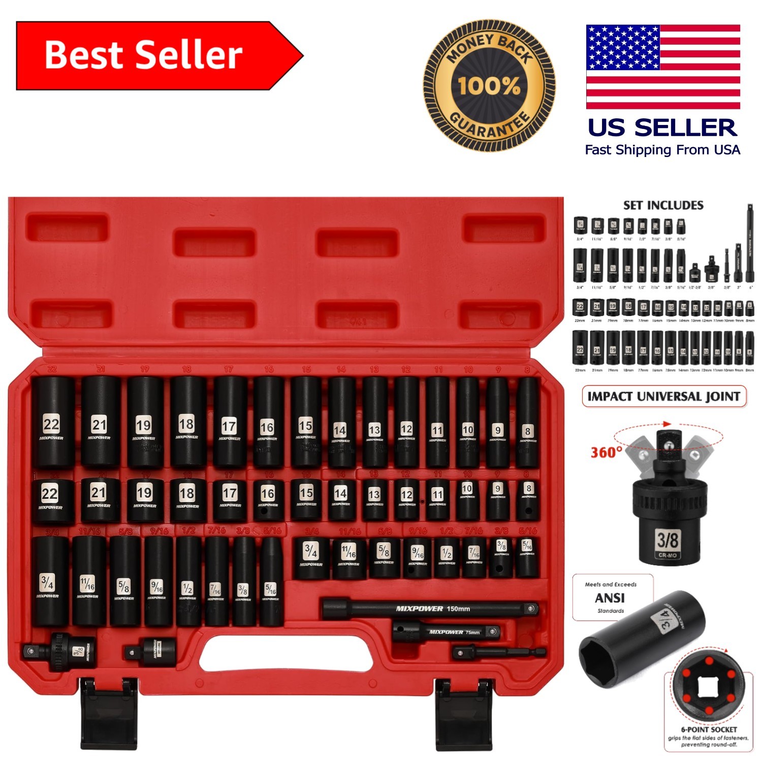 Durable 3/8″ Drive Impact Universal Joint Socket Set – 49 Pieces for Mechanics