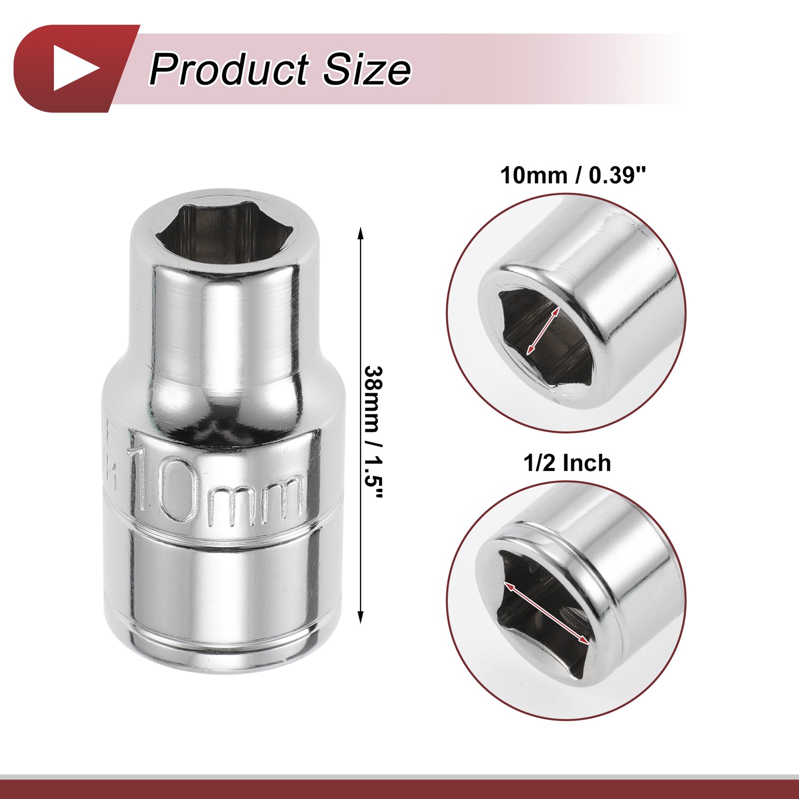1/2 Inch Drive Impact Socket 10mm 6 Point Chrome Vanadium Steel 1 Pcs 38mm