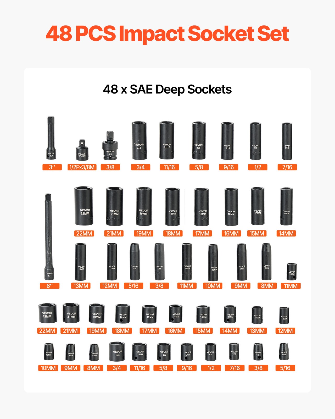 VEVOR Impact Socket Set 3/8″ Drive 48-Piece Socket Set 6-Point with Storage Case