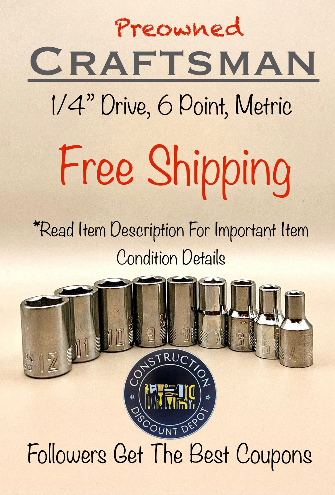 Used Craftsman 9 Pc. 1/4 in. Drive 6 Pt Metric Shallow Socket Set 4MM to 12 MM