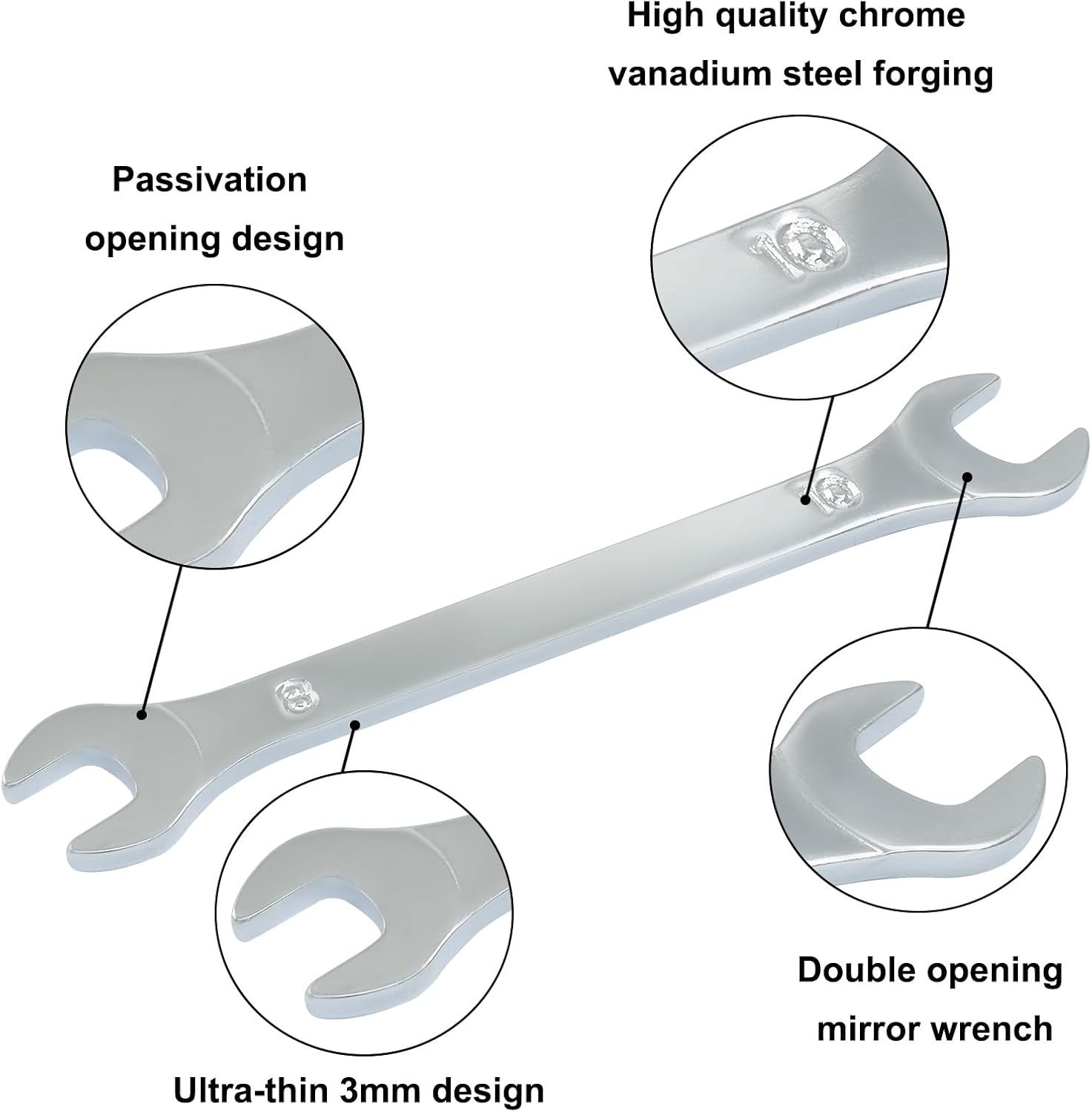 Thin Open End Wrench 8mm x 10mm, Metric Chrome Plated Steel Wrench for Househ…