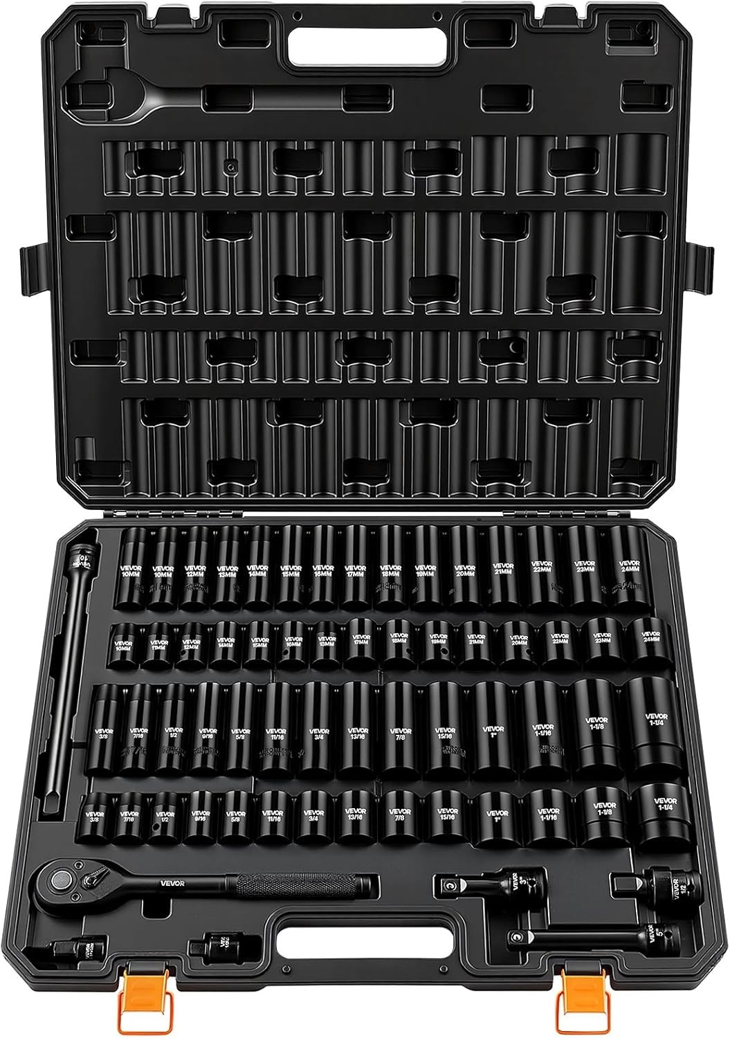 1/2″ Drive Impact Socket Set, 65 Piece SAE 3/8″ to 1-1/4″ and Metric 10-24mm,…