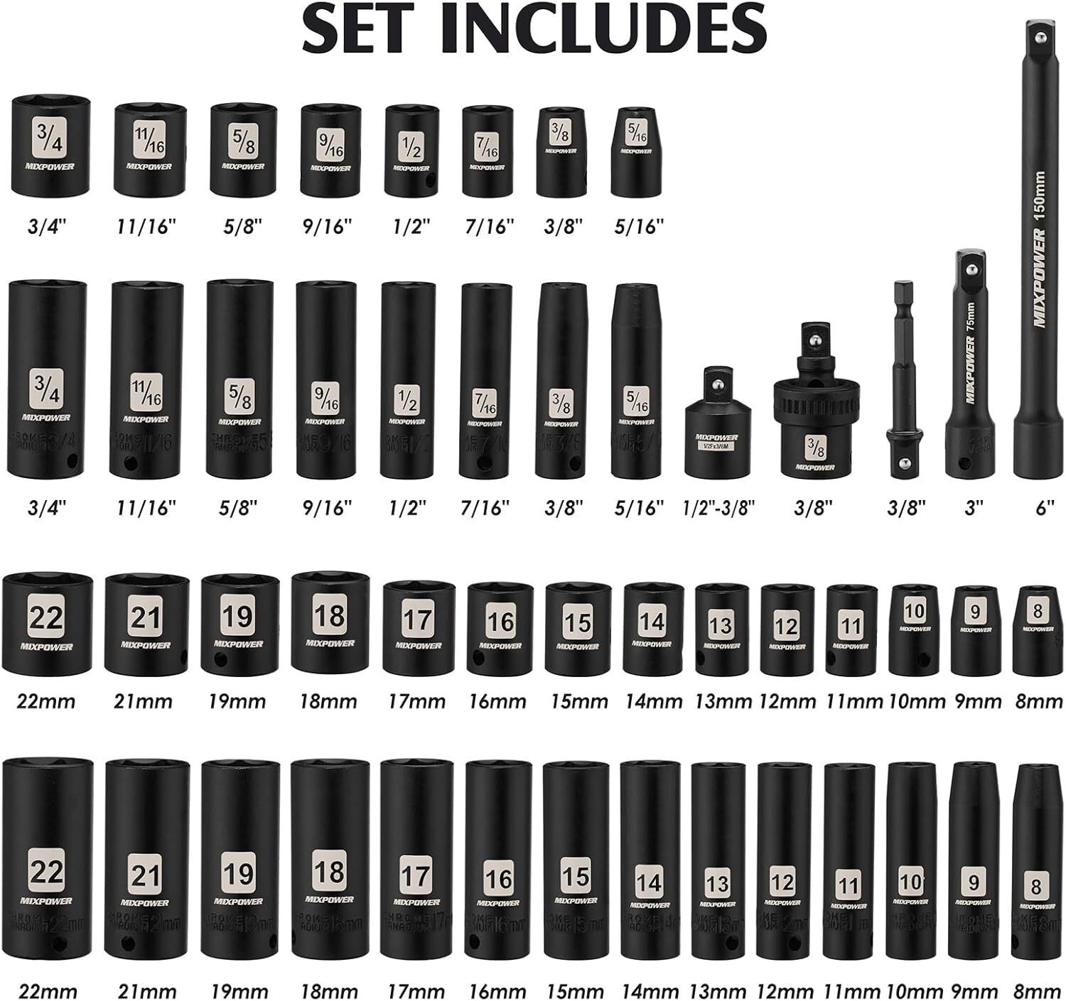 3/8″ Drive Deep Impact Socket Set 6 Point 49 Piece Standard SAE and Metric Sizes