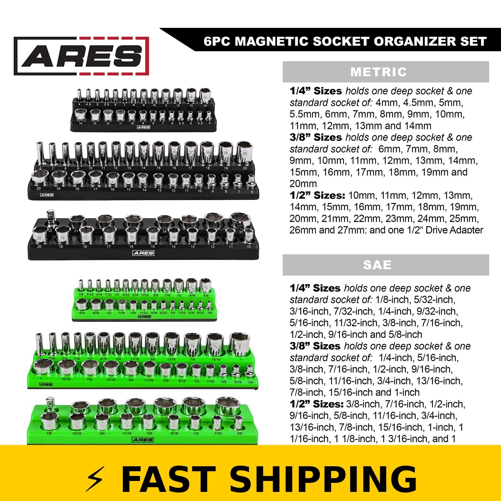 ARES 60160 Magnetic Socket Organizers Set – 1/4, 3/8, 1/2 in