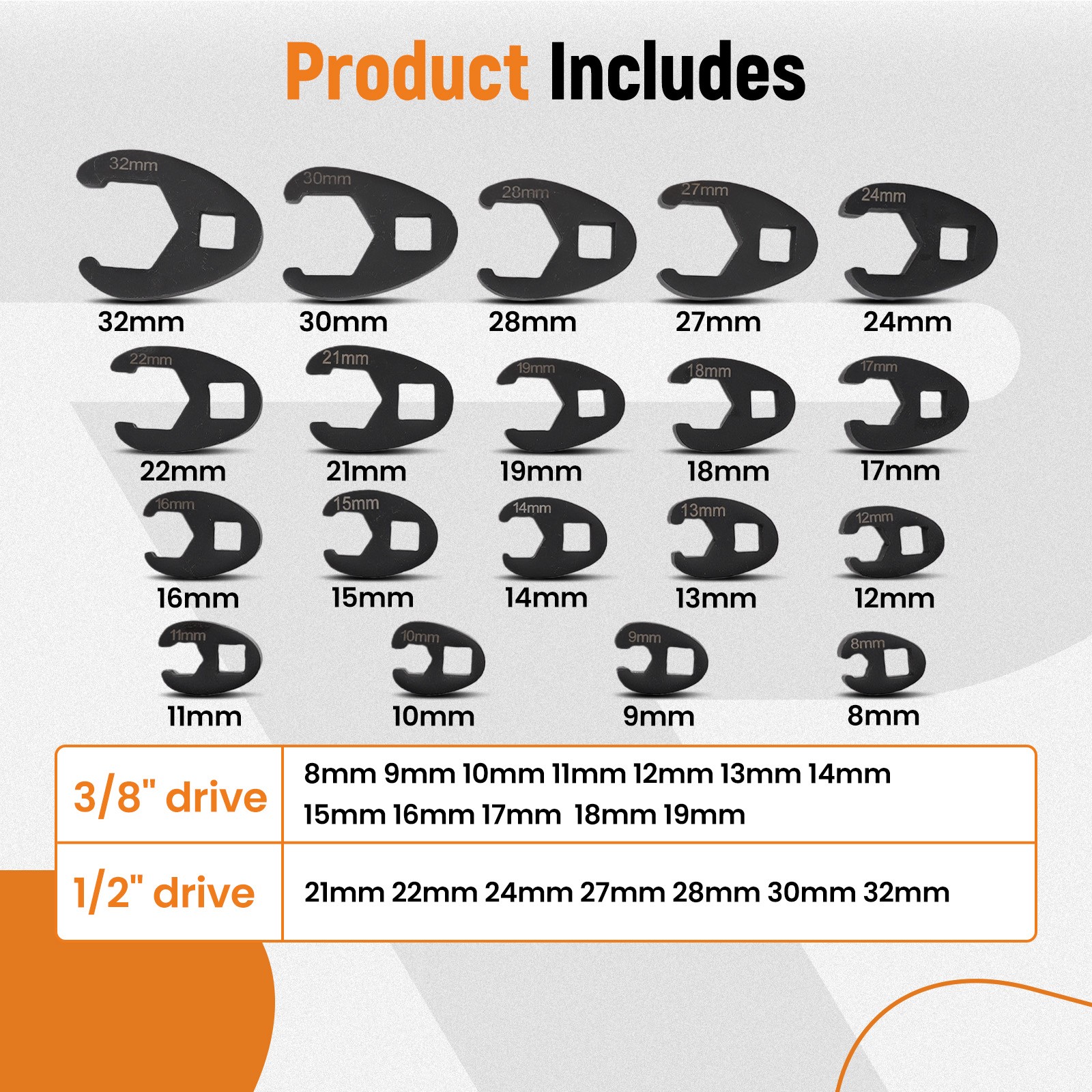19PC Crowfoot Wrench Set 8-32mm Chrome Molybdenum Steel Metric Wrench Tool Kit