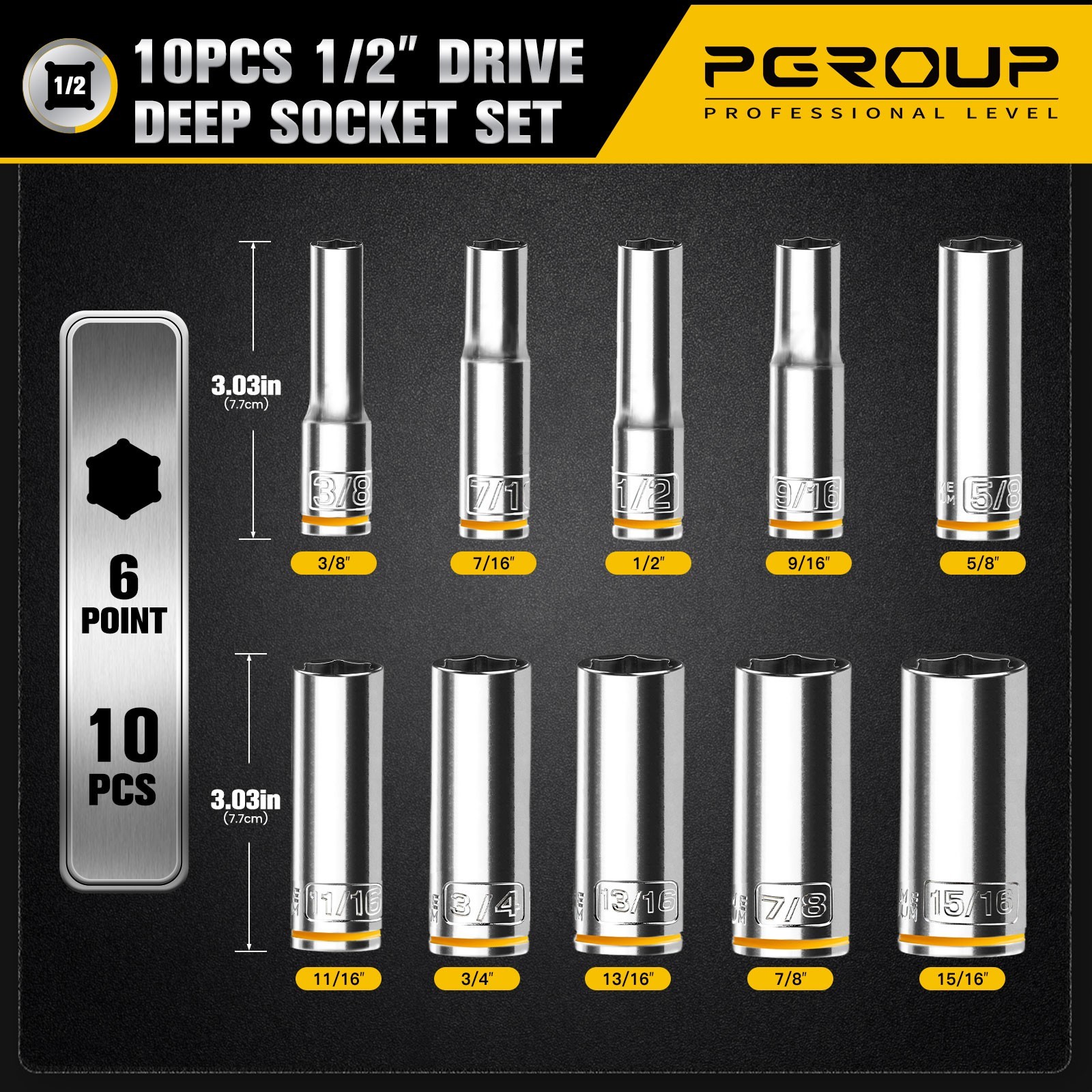 10PCS 1/2” Drive Deep SAE (3/8″-15/16″) Socket Set, 6-Point, Cr-V Steel
