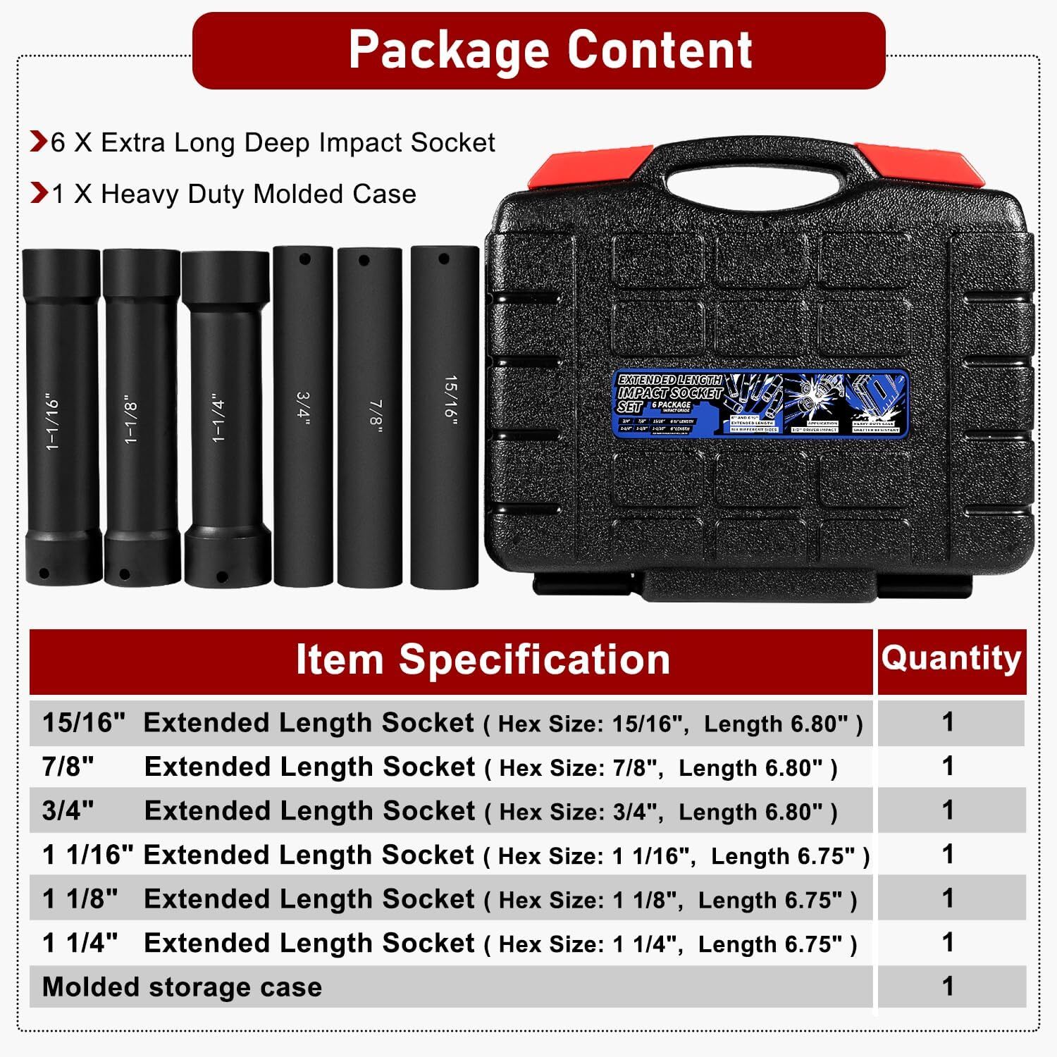 6PCS 1/2» Drive Extended Length Extra-Deep Length Impact Socket Set Heavy Duty