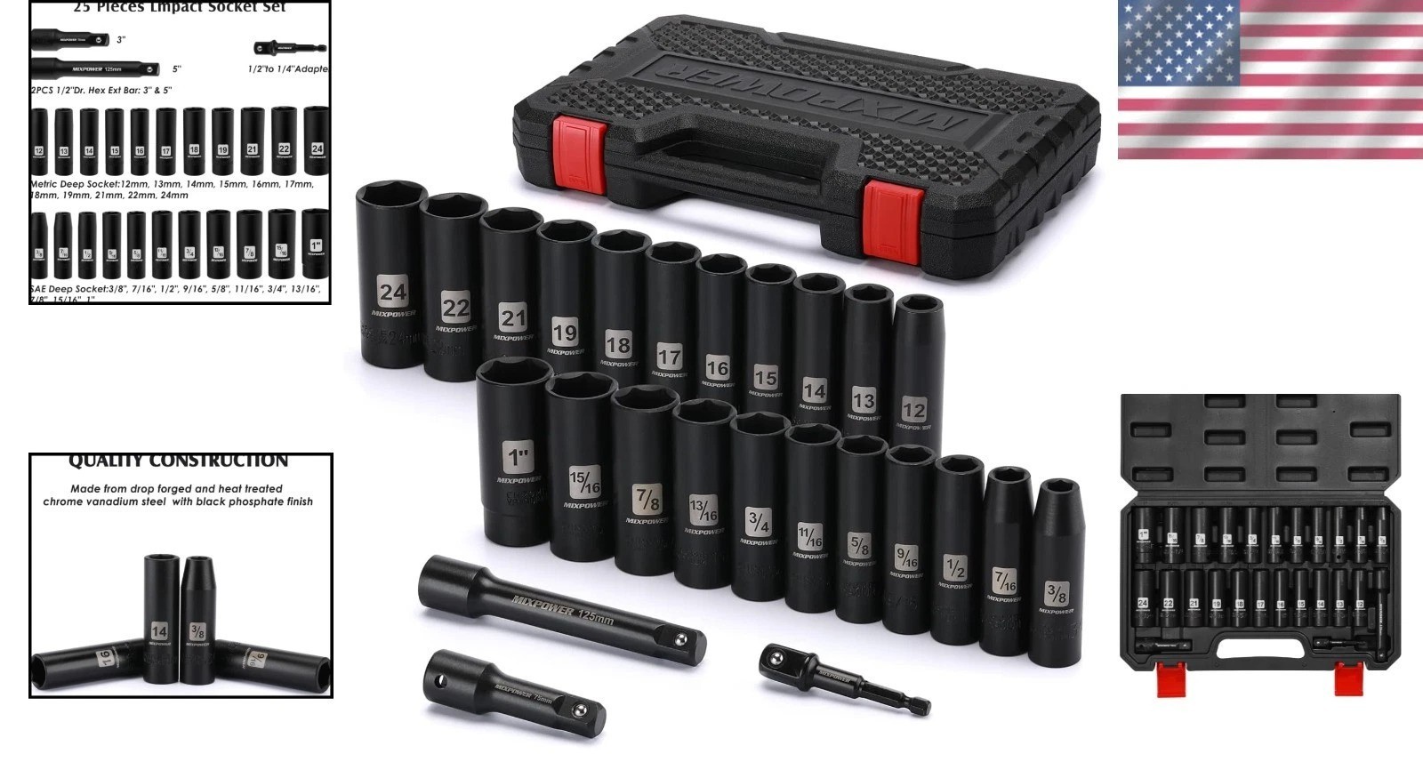 Comprehensive 25-Piece Deep Impact Socket Set with Extension Bars and Adapter