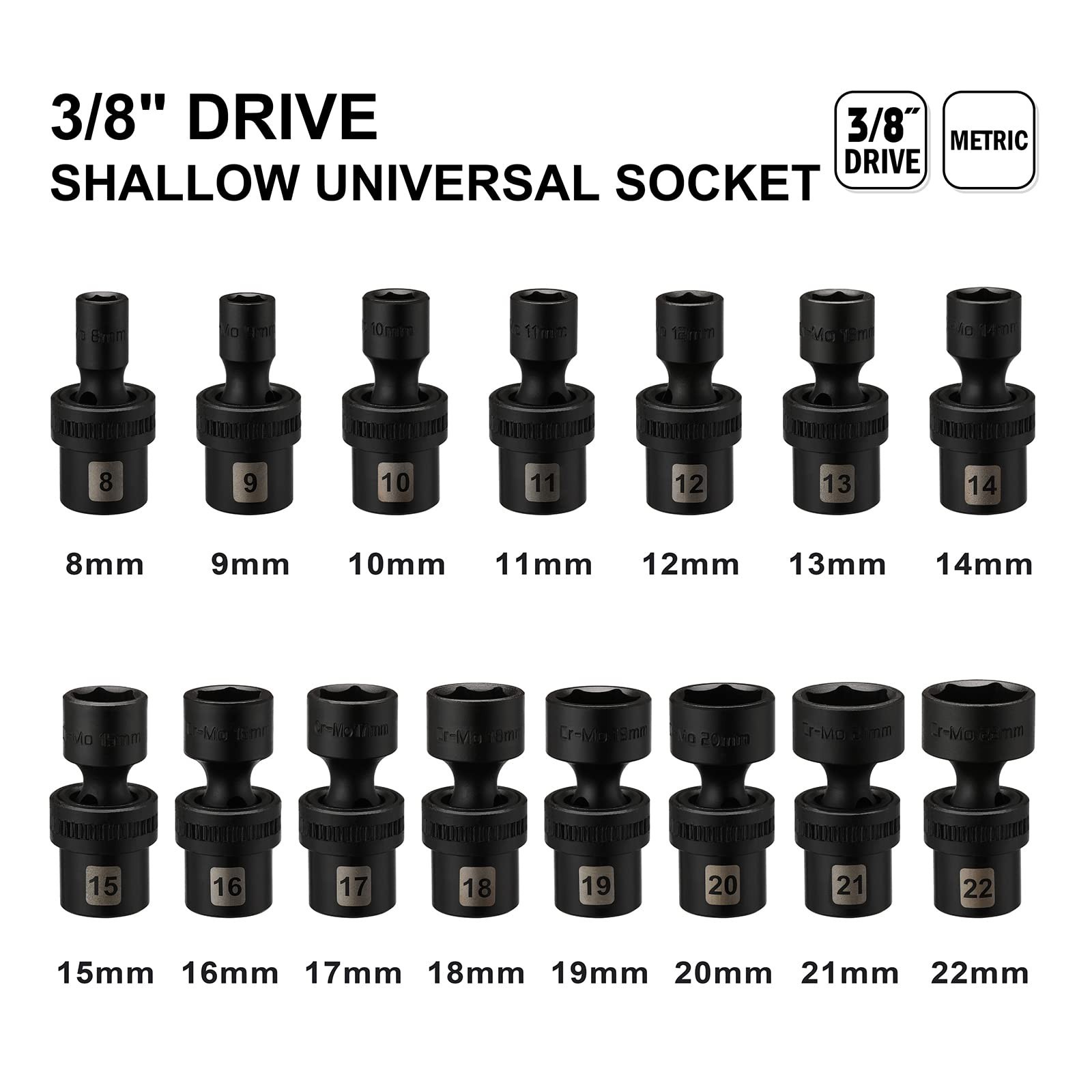 15PC 3/8″ Drive Metric Impact Socket Set, 6 Point Swivel Wobble Sockets 8-22mm