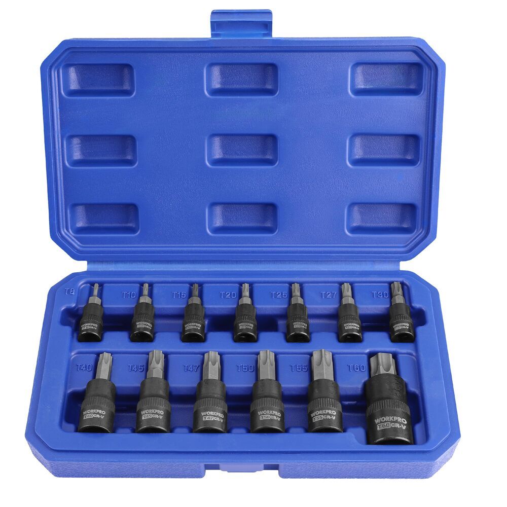 WORKPRO 13PC Torx Bit Socket Set 1/4″ 3/8″ 1/2 Drive Hex Allen Socket Set T8-T60