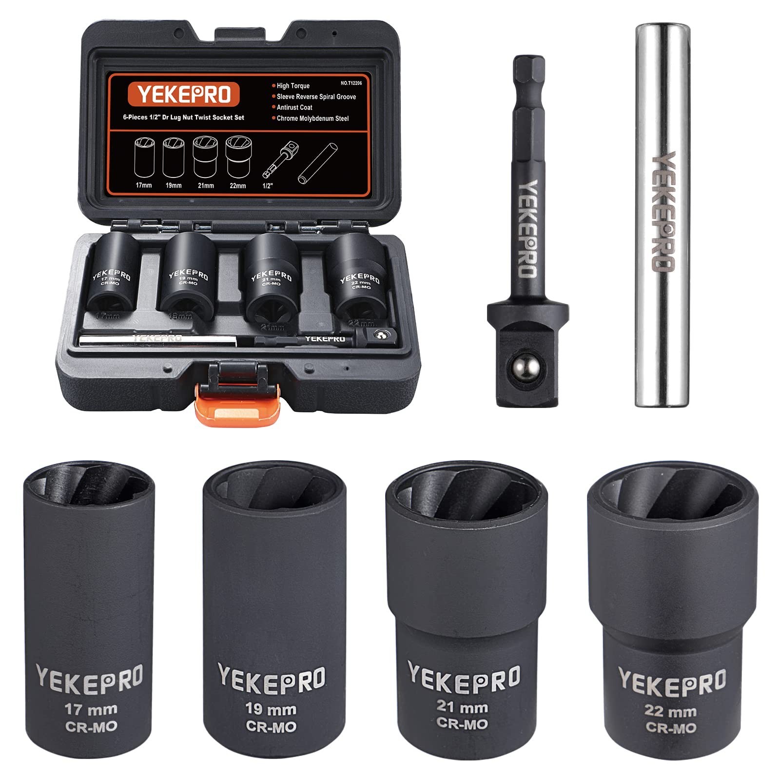 6 PCS Lug Nut Removal Tool Set, Impact Twist Socket & Bolt Extractor, 17-22MM