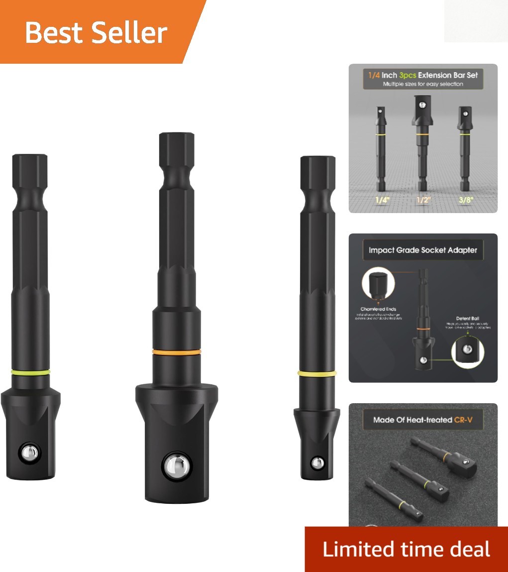 3-Piece Socket Adapter Extension Set, 1/4, 3/8, 1/2-Inch Drive for Power Drill