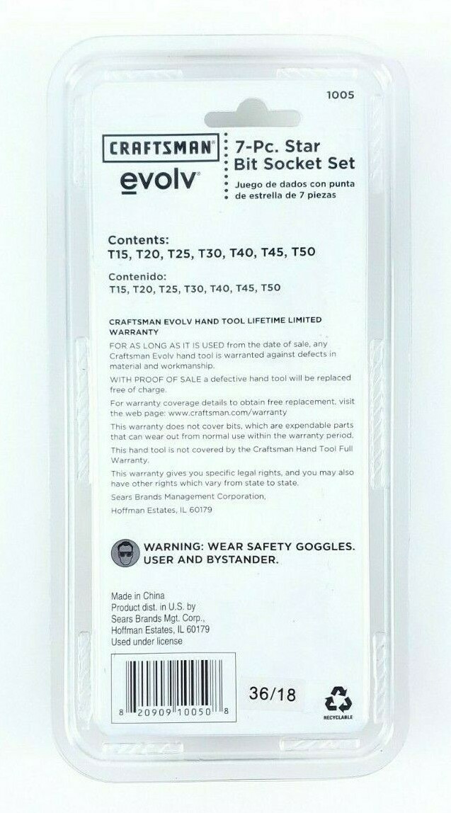 Craftsman Evolv Torx Star Bit Socket Set 3/8 – T15, T20, T25, T30, T40, T45, T50