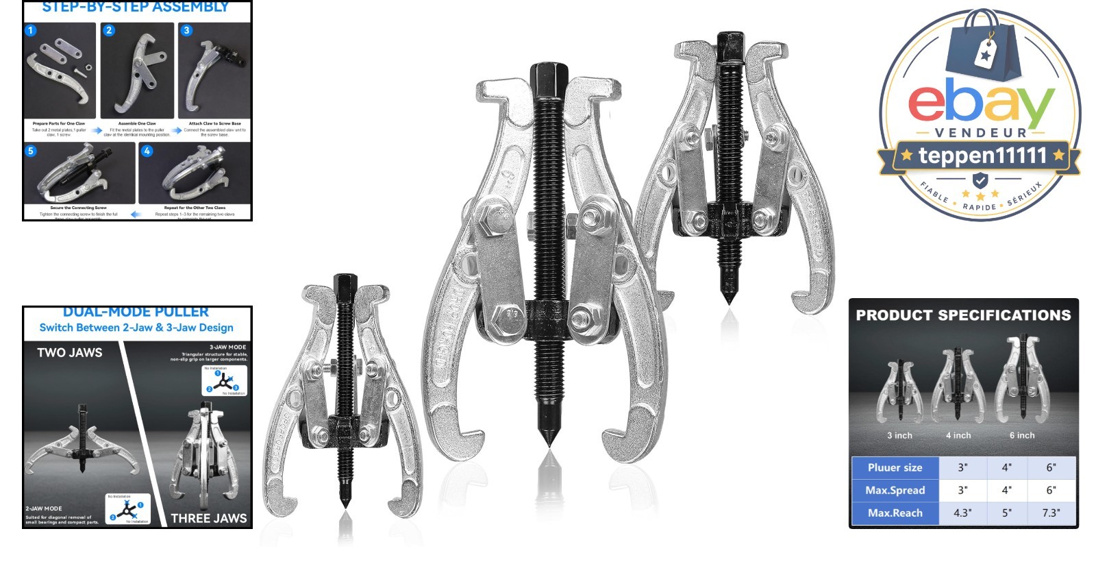 3 Jaw Gear Extractor Set, 3″ 4″ 6″ Heavy Duty Tool