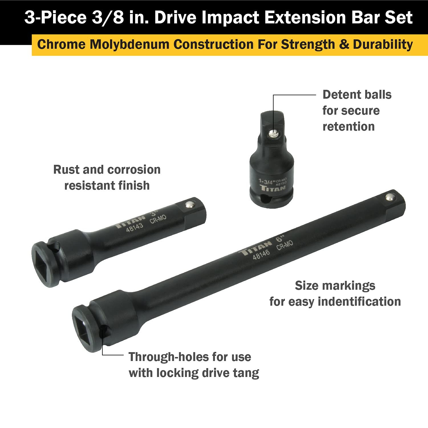 Titan Tools 3 pc. 3/8 in. Drive Impact Extension Bar Set (48140)