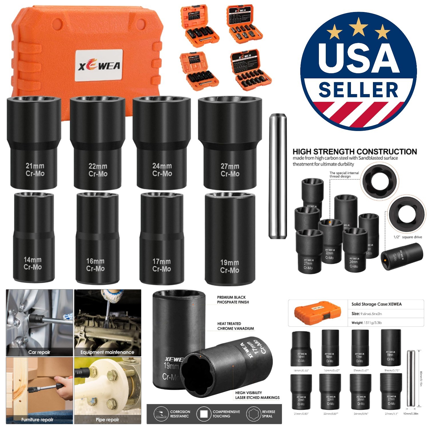 Heavy-Duty Lug Nut Extractor Set – 9 Pieces of Chrome Molybdenum Steel Tools