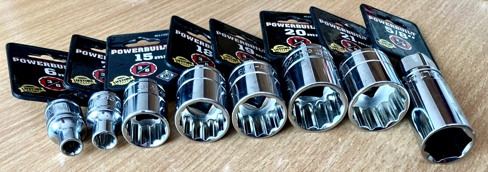 POWERBUILT ⅜ Inch Drive x 6mm,7mm,15mm,18mm,19mm,20mm,21mm,5/8″ Shallow Sockets