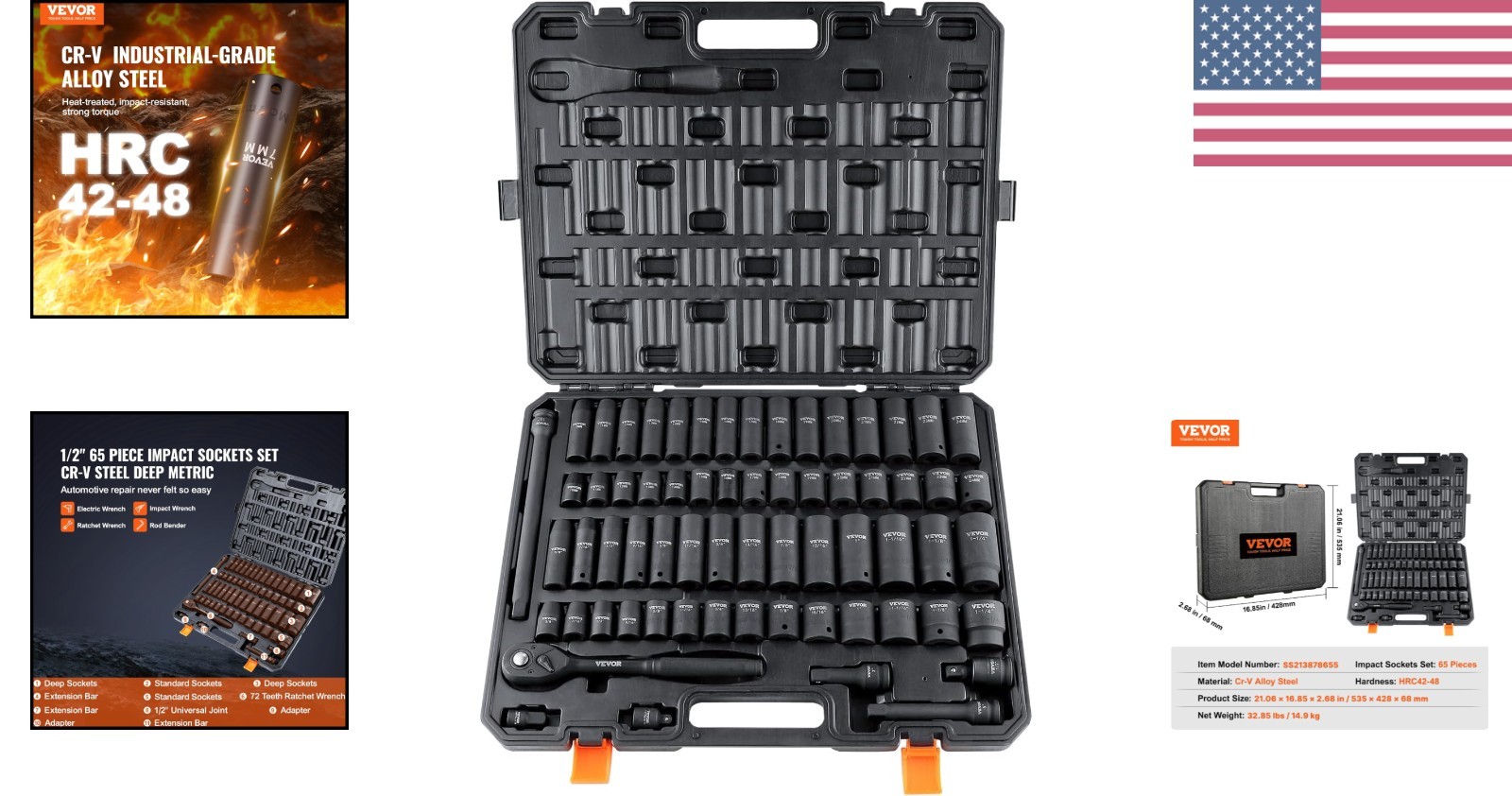 1/2″ Drive Impact Socket Set 65 Piece, 3/8″ to 1-1/4″ and 10-24mm | SAE and M…
