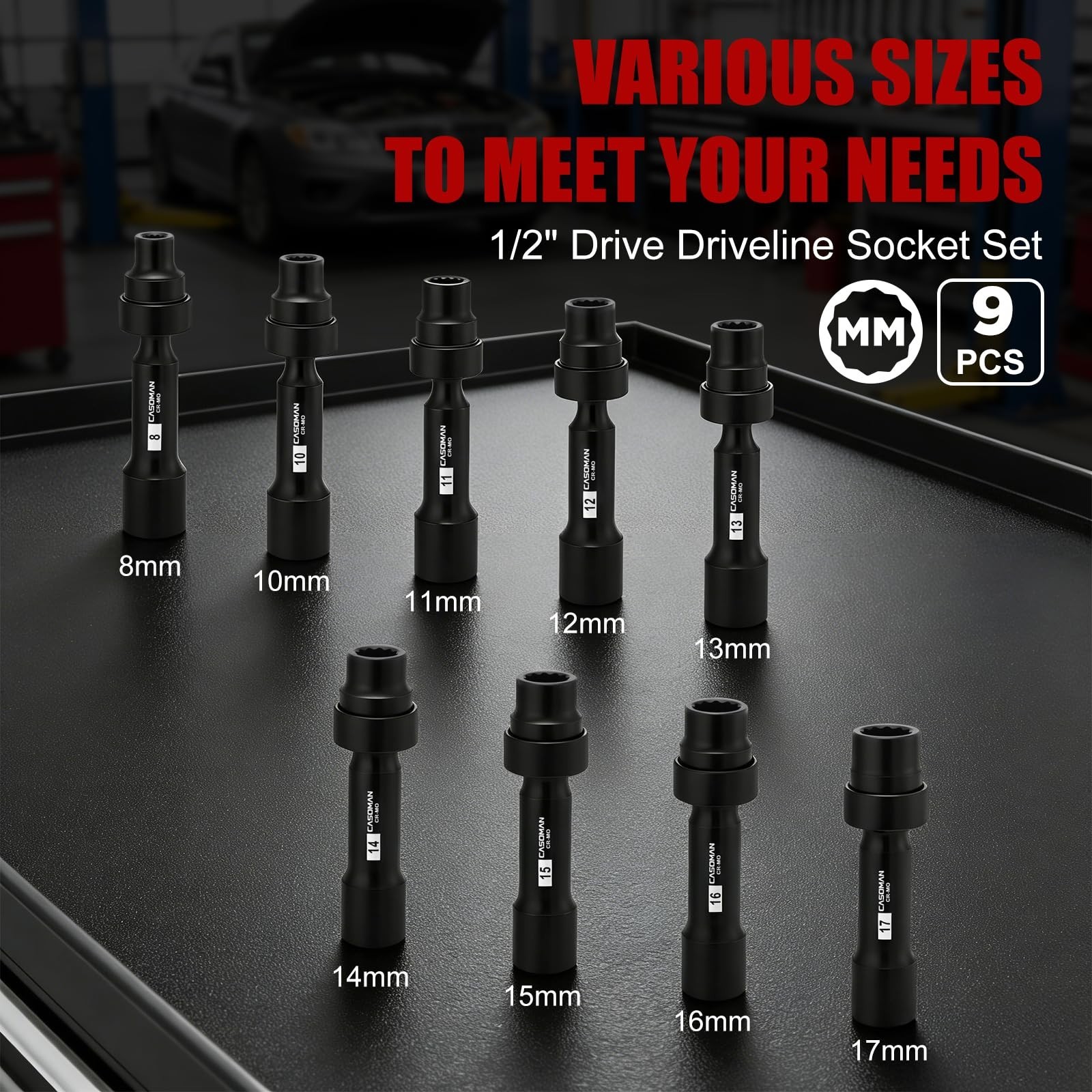 9-Piece 1/2″ Drive Deep Impact Swivel Socket Set, Metric 8mm-17mm, Cr-Mo Steel,