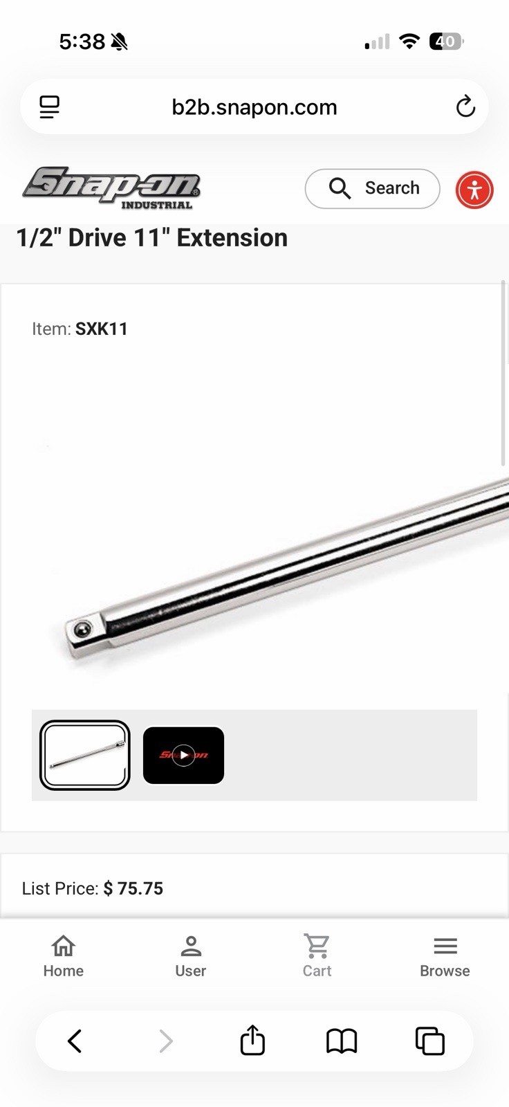 Snap-on Breaker Bar Handle 1/2 Drive 11” Extension