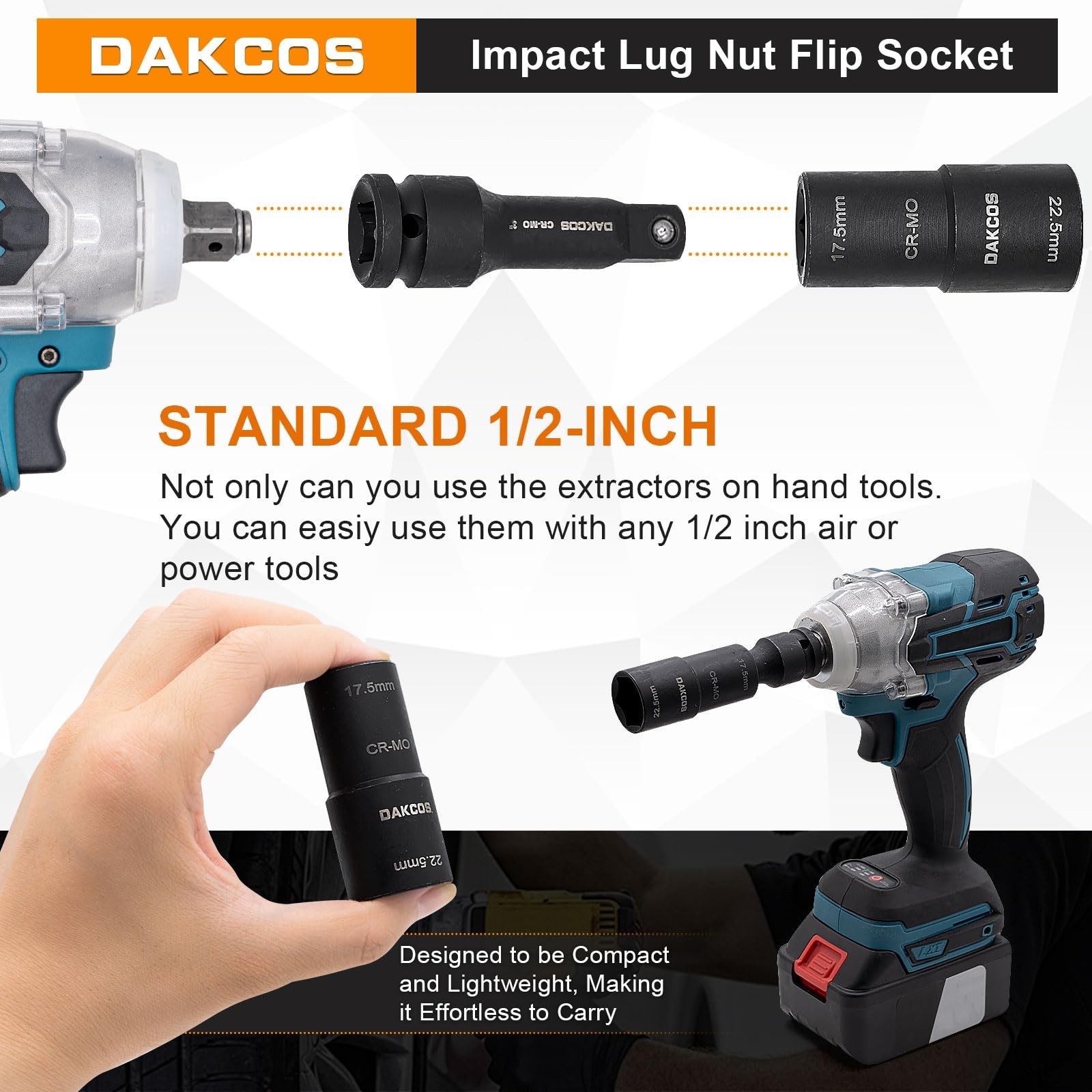 DAKCOS 17.5 x 22.5 mm Impact Wrench Nuts, 1/2 Inch Double Head Power Socket