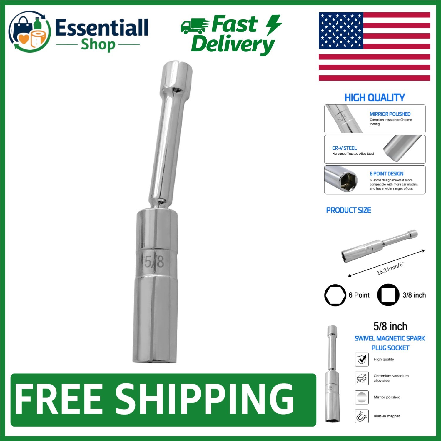 Thin Wall 5/8″ Magnetic Spark Plug Socket – 6-Point, 3/8″ Drive, 6-Inch Length
